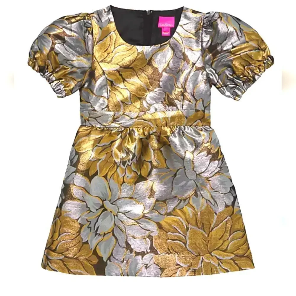 Lilly Pulitzer Girl's 2T Priyanka Metallic Jacquard Dress Gold Silver, NEW